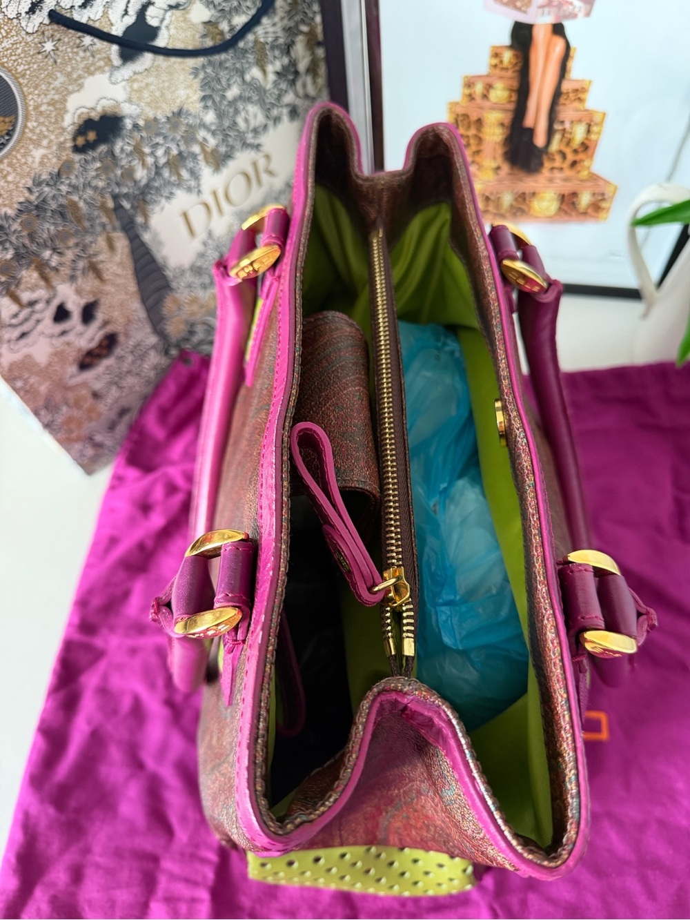 ETRO Paisley Leather Tote Bag Made in Italy Pink Green Dust Bag - Picture 7 of 11